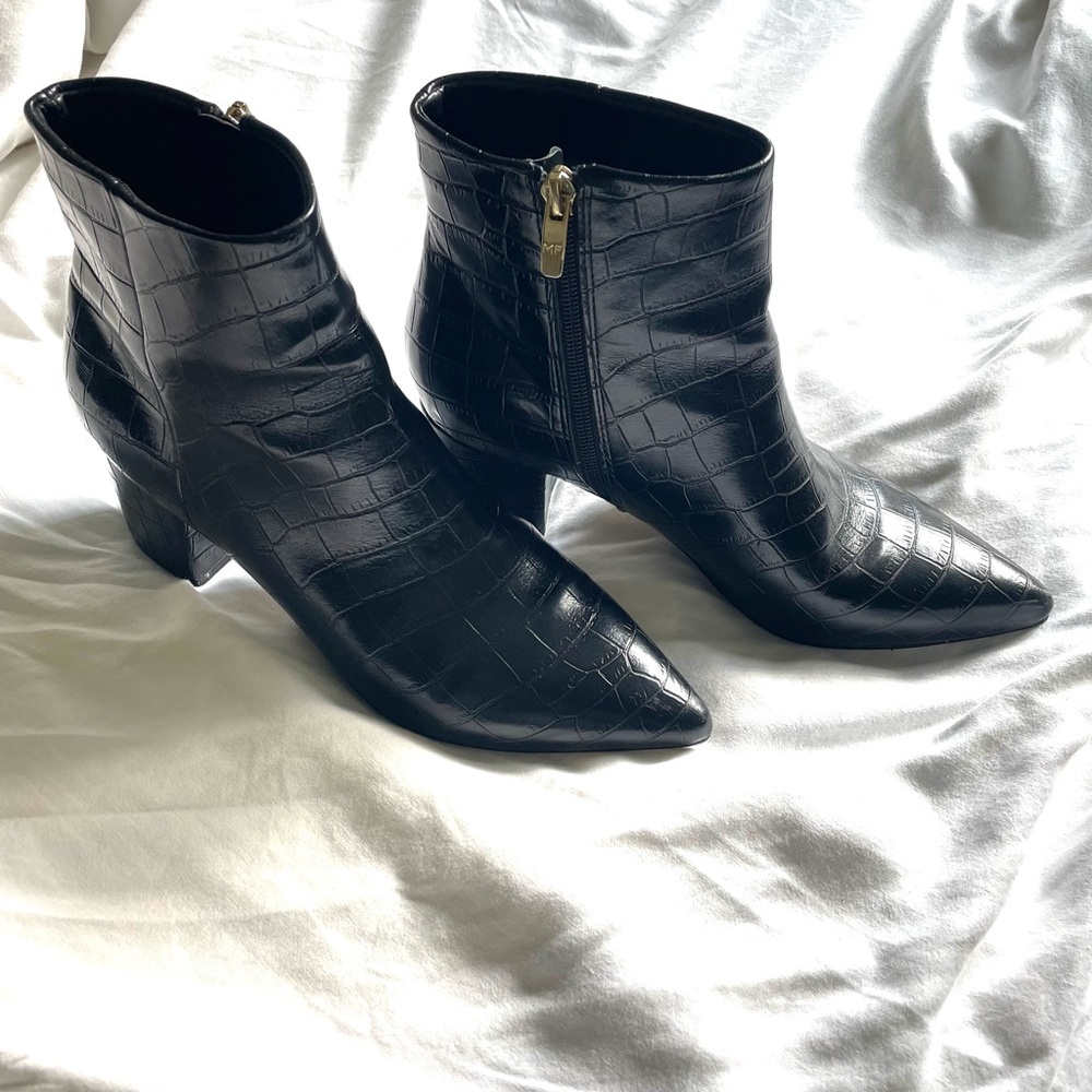Marc Fisher Black Croc-Embossed Pointed Toe Ankle Booties